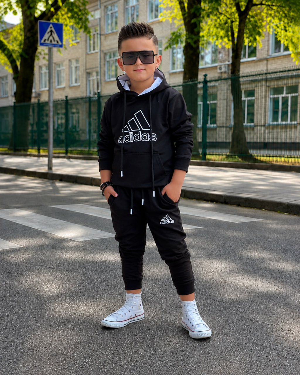 Хлопчик у чорному дитячому спортивному костюмі Adidas