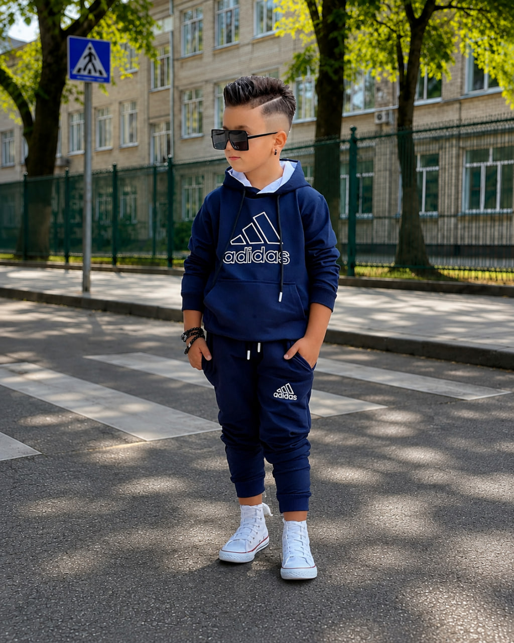 Синій дитячий костюм Adidas, вигляд спереду